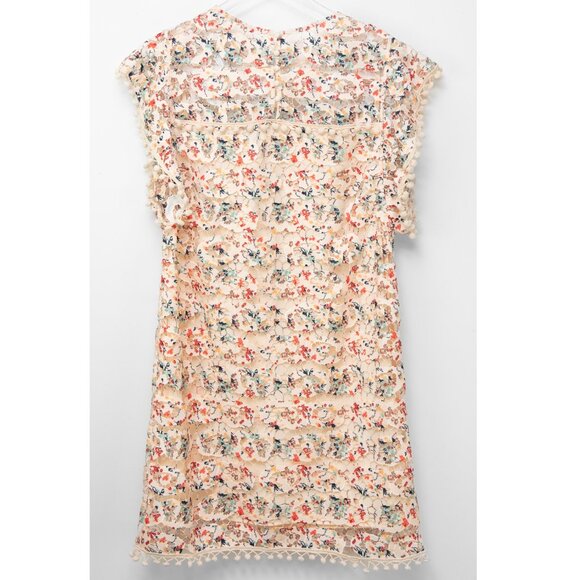 Tularosa Elba Dress Floral Lace Shift Pom Trim Mini Multicolor Ivory Size Large - Picture 2 of 6
